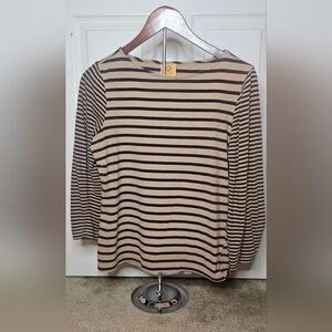 Ruby Rd Tan Black Striped Knit Top 3/4 Sleeve Lightweight Pullover Size P/M